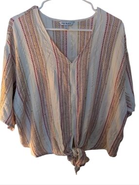 Tribal Brand V-Neck Blouse - Cream, Pink, Gold/Beige Stripes, With Tie Front